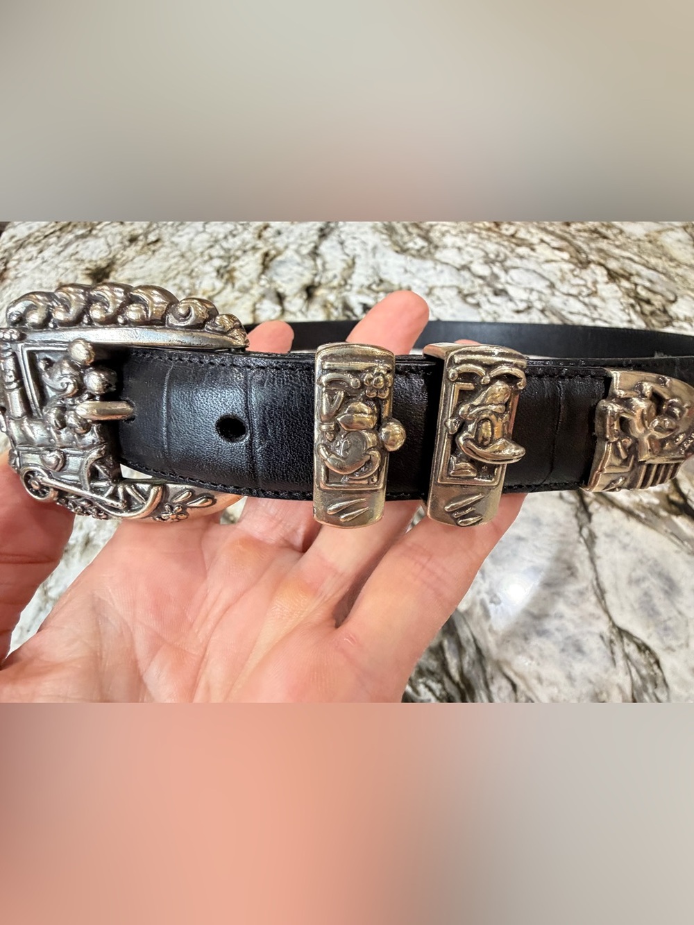 Vintage 90s Brighton Disney Mickey & Co Train Conductor Black Leather Belt 34 30